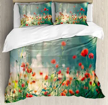 

Nature Duvet Cover Set Wild Red Poppy Flowers Field Summertime Sunbeams Gardening Bedding Plants Bedding Set Red Green Yellow
