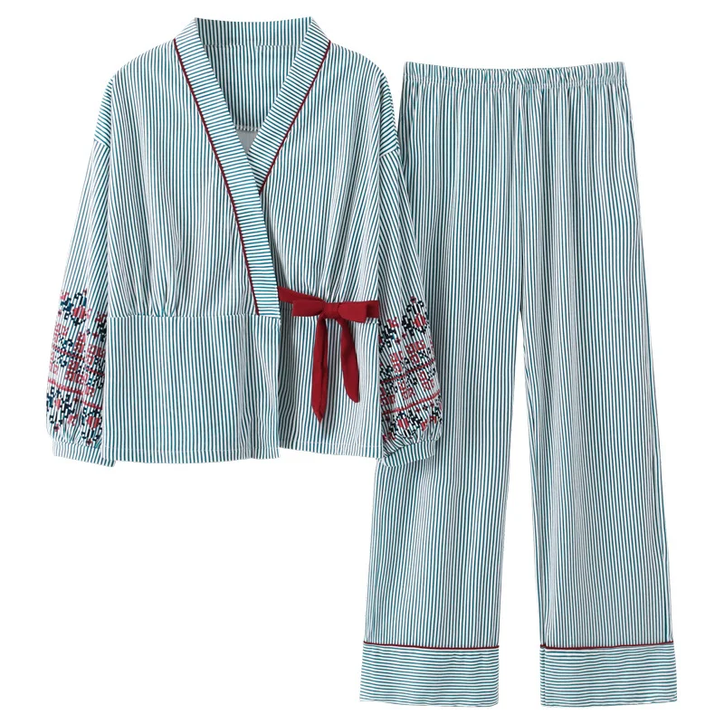 Новая Осенняя Пижама для женщин, пижама для девочек, комплекты с милым полосатым принтом, японские кимоно для женщин, большие размеры 3XL, хлопковая юката - Цвет: BFY1332