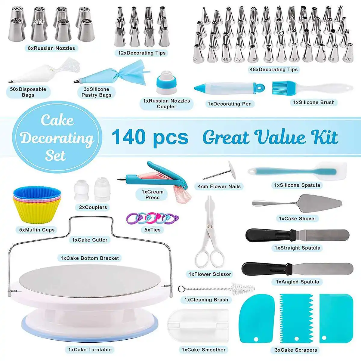 

140Pcs/Set Cake Turntable Cake Decorating Tools Kit Rotary Table Baking Tool Piping Nozzle Piping Bag Set Baking Supplies Sets