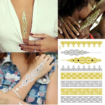 

1pcs Waterproof Gold Silver Metallic Temporary Tattoos Sticker Painted Arm Creative Removable Sweatproof Body Art Tattoo Sticker