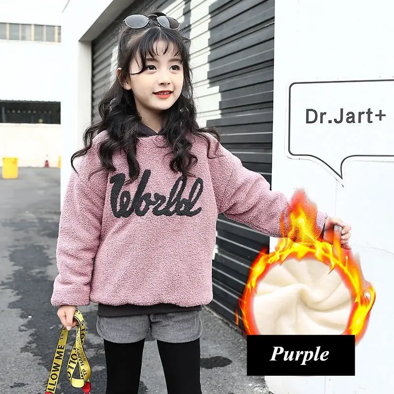 purple Зимние куртки с капюшоном для девочек, Вельветовая утепленная детская вышитая буква, верхняя одежда, пальто для больших девочек 6, 8, 10, 12, 14 лет - Цвет: purple