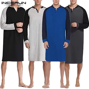 

INCERUN Men Patchwork Sleep Robes Leisure Long Sleeve V Neck Homewear Mens Comfortable Nightgown Loose Bathrobes Masculina S-5XL