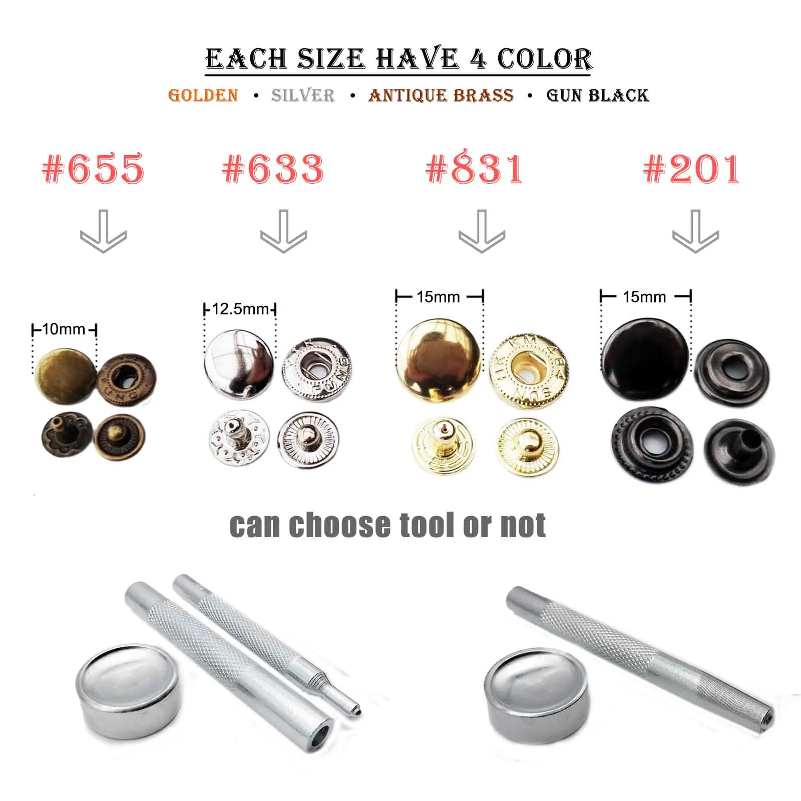 14mm Black LOVIVER 50 Sets Meatl Sew On Snap Fasteners Poppers Press