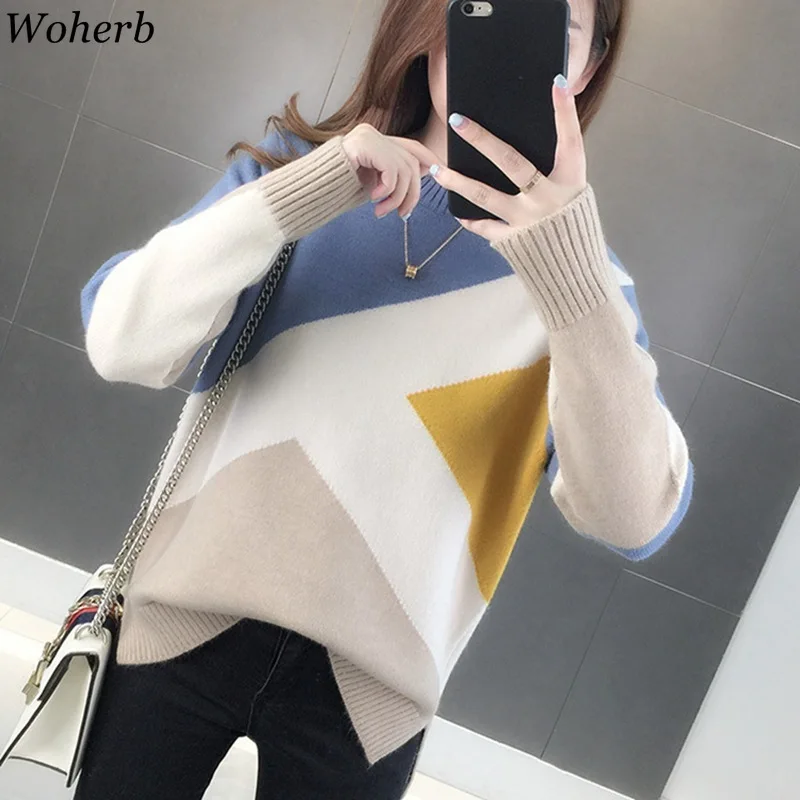 Woherb, новинка, Осень-зима, женский свитер, пуловер, контрастный цвет, вязаный джемпер, свободные свитера, новинка, Modis, верхняя одежда для женщин