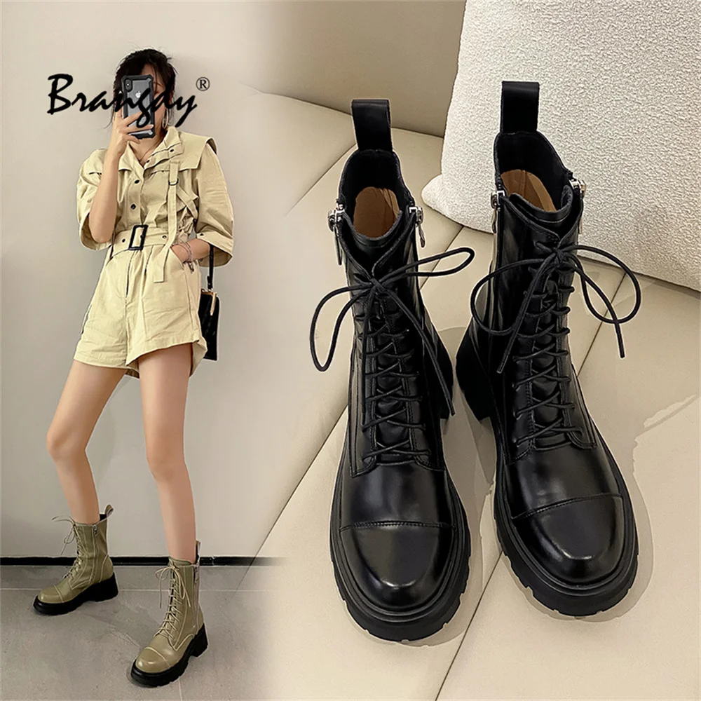 Brangdy Martins Boots For Fashion Ankle Boots Women Cow Leathe Lace-Up Zip Platform Genuine Leather Ladies Winter Boots