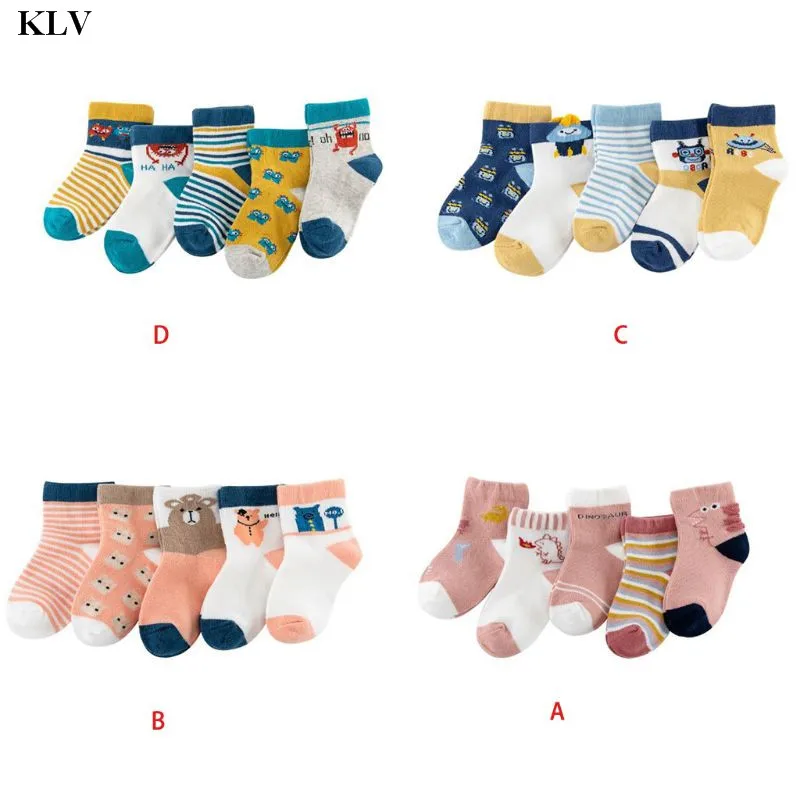 KLV/5 пар детских Хлопковых Носков с героями мультфильмов; осенне-зимние носки для мальчиков и девочек; мягкие теплые носки для малышей