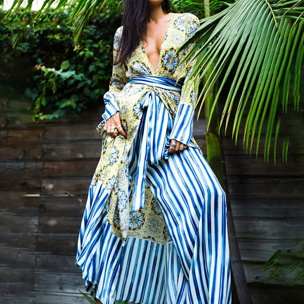 

Boho Retro Ethnic Print Vacation V-neck Loose Ankle-Length Women Maxi Dress Geometric Stripe Travel Look Lace Up Dress Cardigan