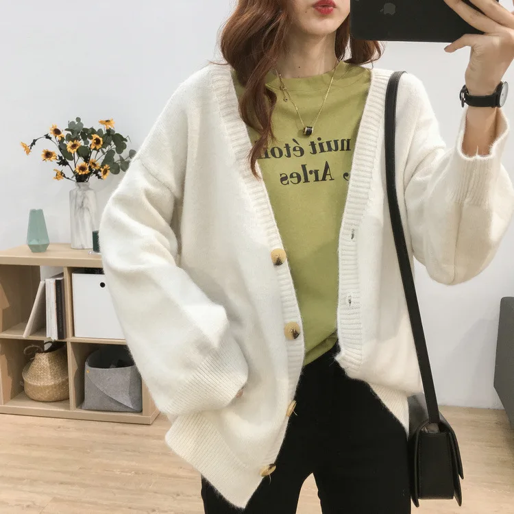 Beige Свободный Универсальный мягкий вязанный кардиган с v-образным вырезом и длинным рукавом, Женский Осенний Однотонный свитер для похудения - Цвет: Beige