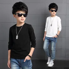 Однотонная футболка с круглым вырезом для мальчиков; детская футболка с длинными рукавами в Корейском стиле; весенне-осенняя футболка для мальчиков