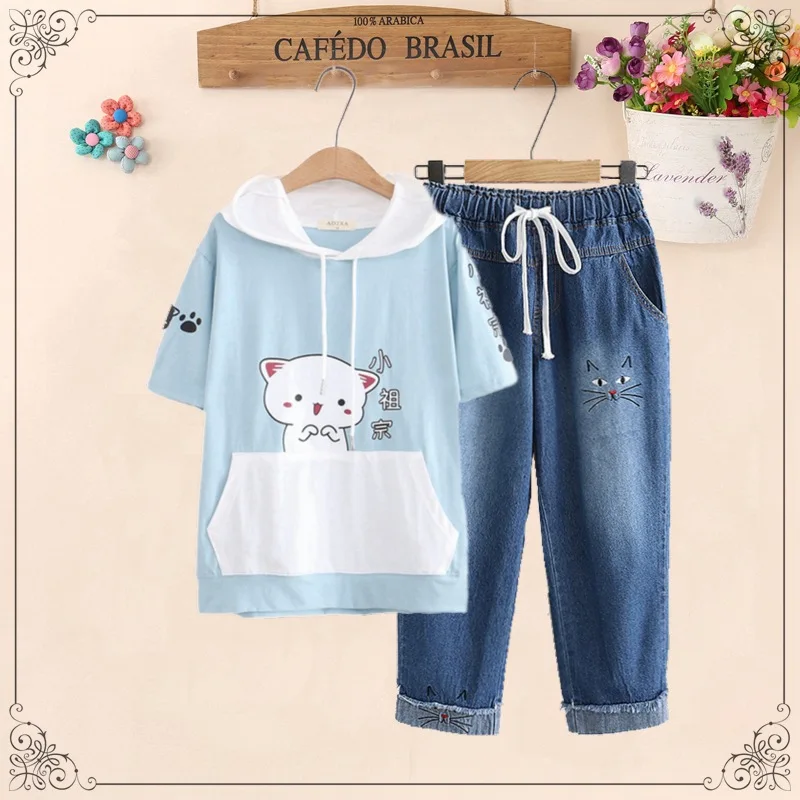Women Sets Top And Pants Cartoon Print Hooded T Shirt With Elastic Waist Embroidery Calf Length Denim Pants Summer Clothes Sets lounge wear sets Women's Sets