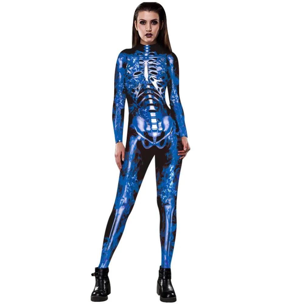 Mono de Хэллоуин Traje de halloon ajustado манга larga con estampado de rosa de hueso para mujer Secy боди hoJB3