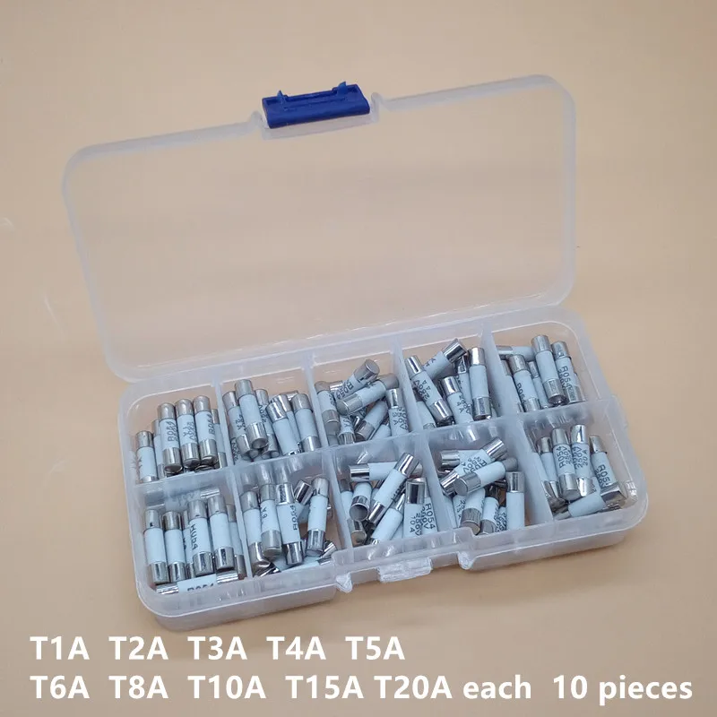 100PCS Keramiek Zekeringen Kit Slow Blow 5x20mm 1A 2A 3A 4A 5A 6A 8A 10A 15A 20A 250V 5*20 Beschermende Verzekering Buis Set