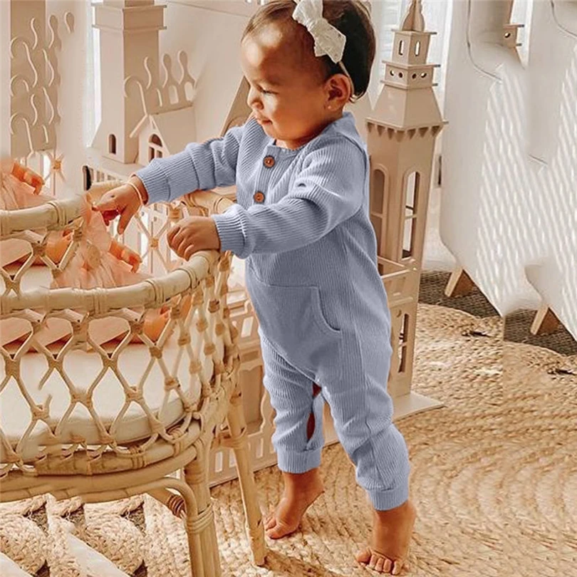 Newborns Rompers Infant Boys Girls Solid Pocket Autumn Winter Long Sleeve Jumpsuit Casual Fashion Toddler Baby Clothes 0-24M A20