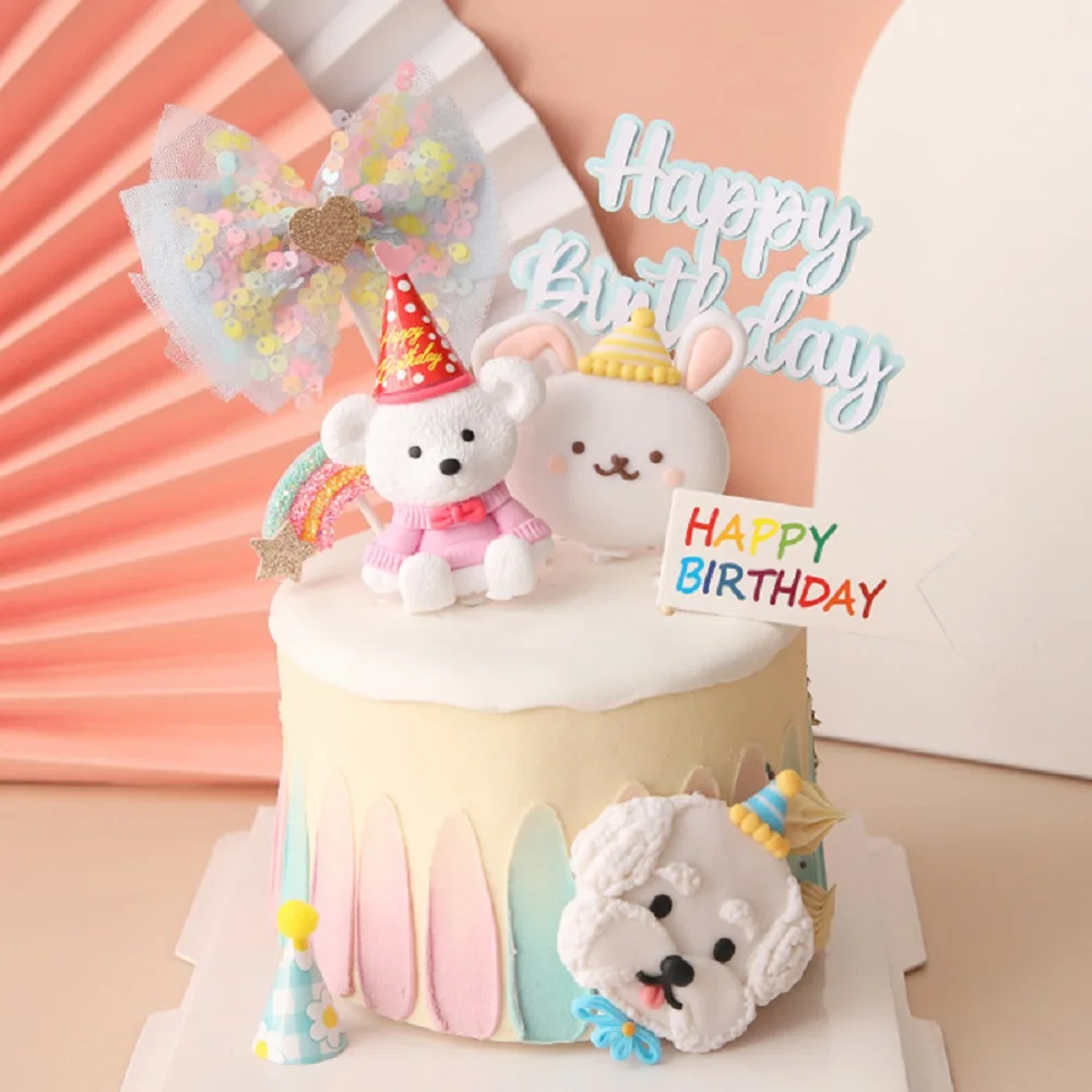 

Korean Decoration Cake Topper Soft Pottery Bear Bunny Shiny Heart Rainbow Balloon Paper Card Baby Happy Birthday Baking Supplies