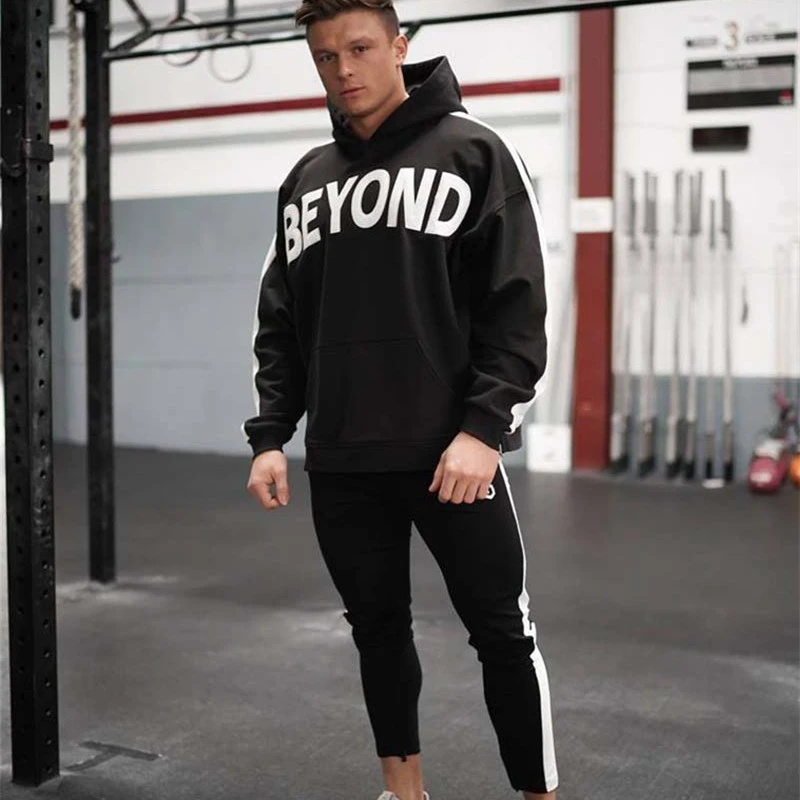 Mens Sports Suits Running Set Men Gym Sportwear Tracksuit Fitness Body building Mens Hoodies+Pants Sport wear Men Clothing Set - Цвет: black