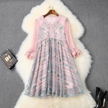 

High Quality Lace Party Robe Elegant V-Neck Cocktail Vestidos Women Runway Designer Luxury Embroidery Mesh Dress Festa