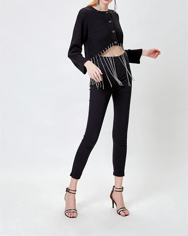 WHITNEY WANG осень мода уличная Bling Dimaonds бахрома женский кардиган джемпер sueter mujer invierno