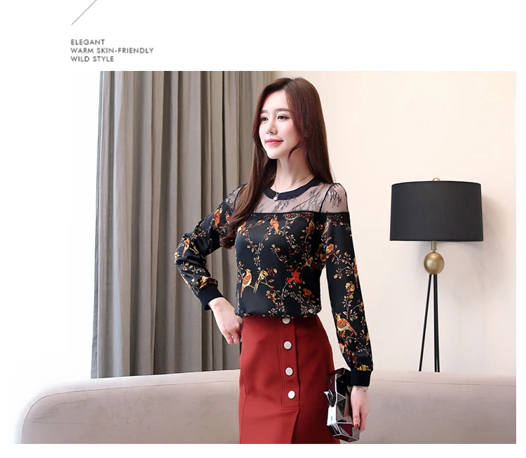 Женские топы и блузки blusas mujer de moda шифоновая кружевная рубашка с длинным рукавом и круглым вырезом Женская одежда женские рубашки 5953 50