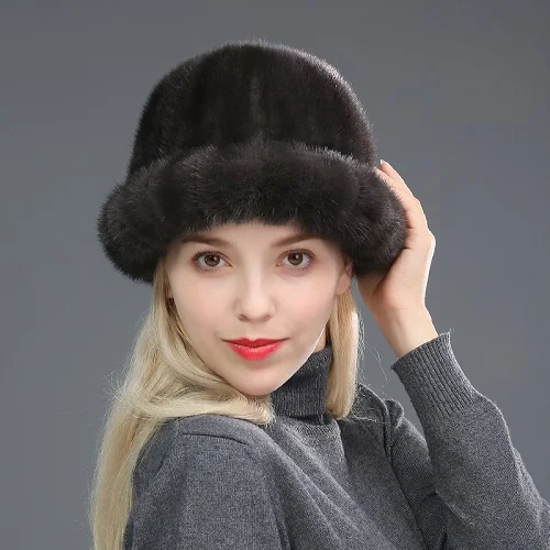 Элегантная женская натуральная полностью из норки меховые шапки женские зимние теплые норковая шапка для дам 8 цветов - Цвет: Dark Grey