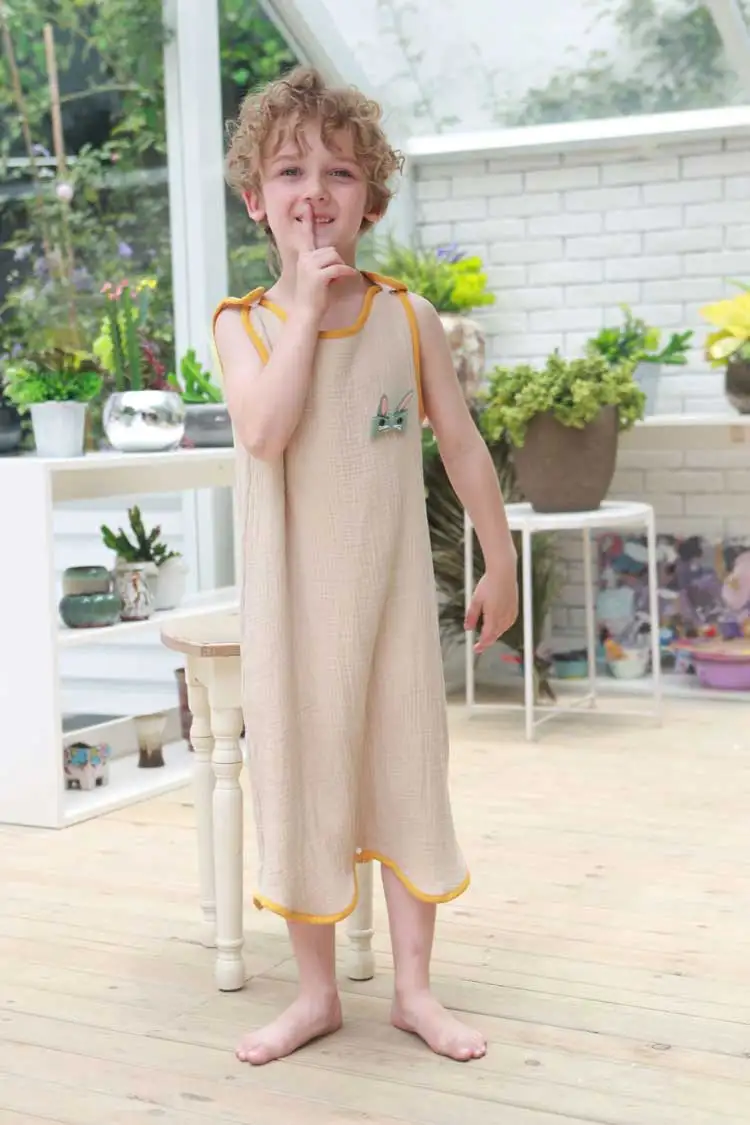 Beige Pajamas 2~ 4 года, цельная Пижама для девочек и мальчиков, летнее одеяло без рукавов, детские комбинезоны, одежда для сна, хлопок - Цвет: Beige Pajamas