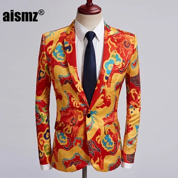 

Aismz Tide Men Chinese Style Red Gold Dragon Design Casual Suit Jacket Plus Size Singer Costume Wedding Groom Prom Party Blazer