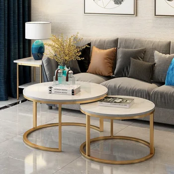 Mesa de centro redonda de mármol para sala de estar, moderna y Popular, 2 en 1, combinación de mesa de té, mesa de centro