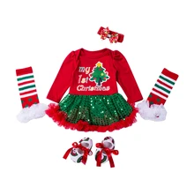 My 1st Christmas/комплекты одежды для новорожденных девочек; комбинезон-пачка с принтом; платье; утепленные гетры; повязка на голову