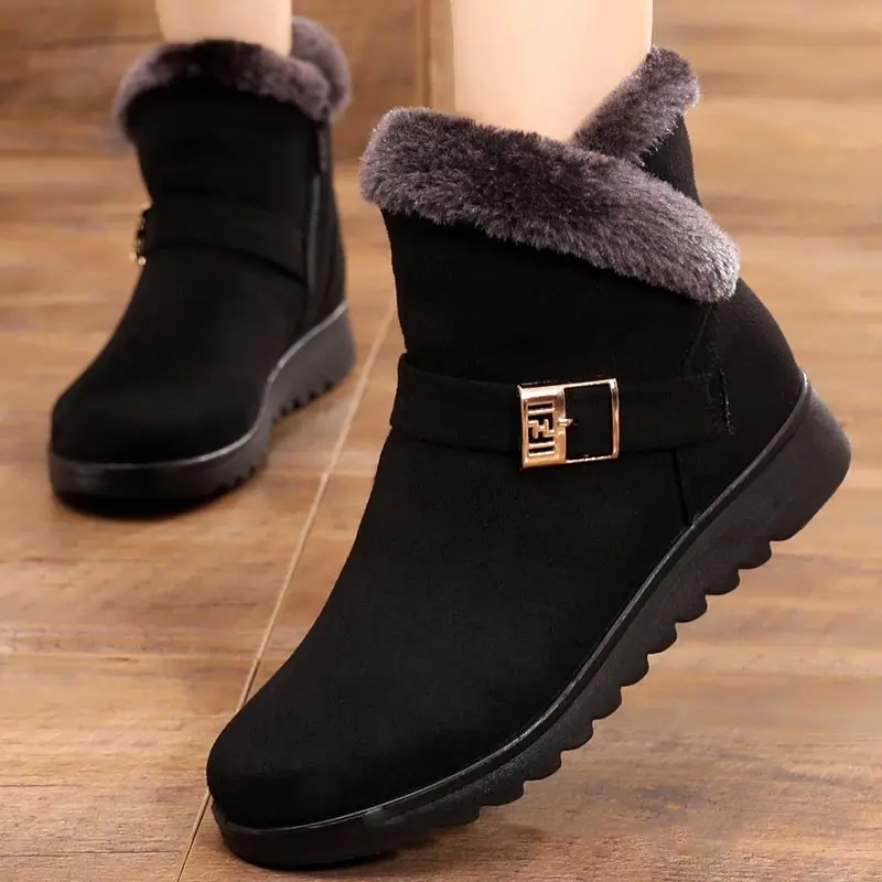 Зимняя обувь на платформе; женские кроссовки; коллекция года; теплые плюшевые однотонные зимние ботинки из флока; женская обувь; обувь на молнии; женские зимние ботильоны - Цвет: Black