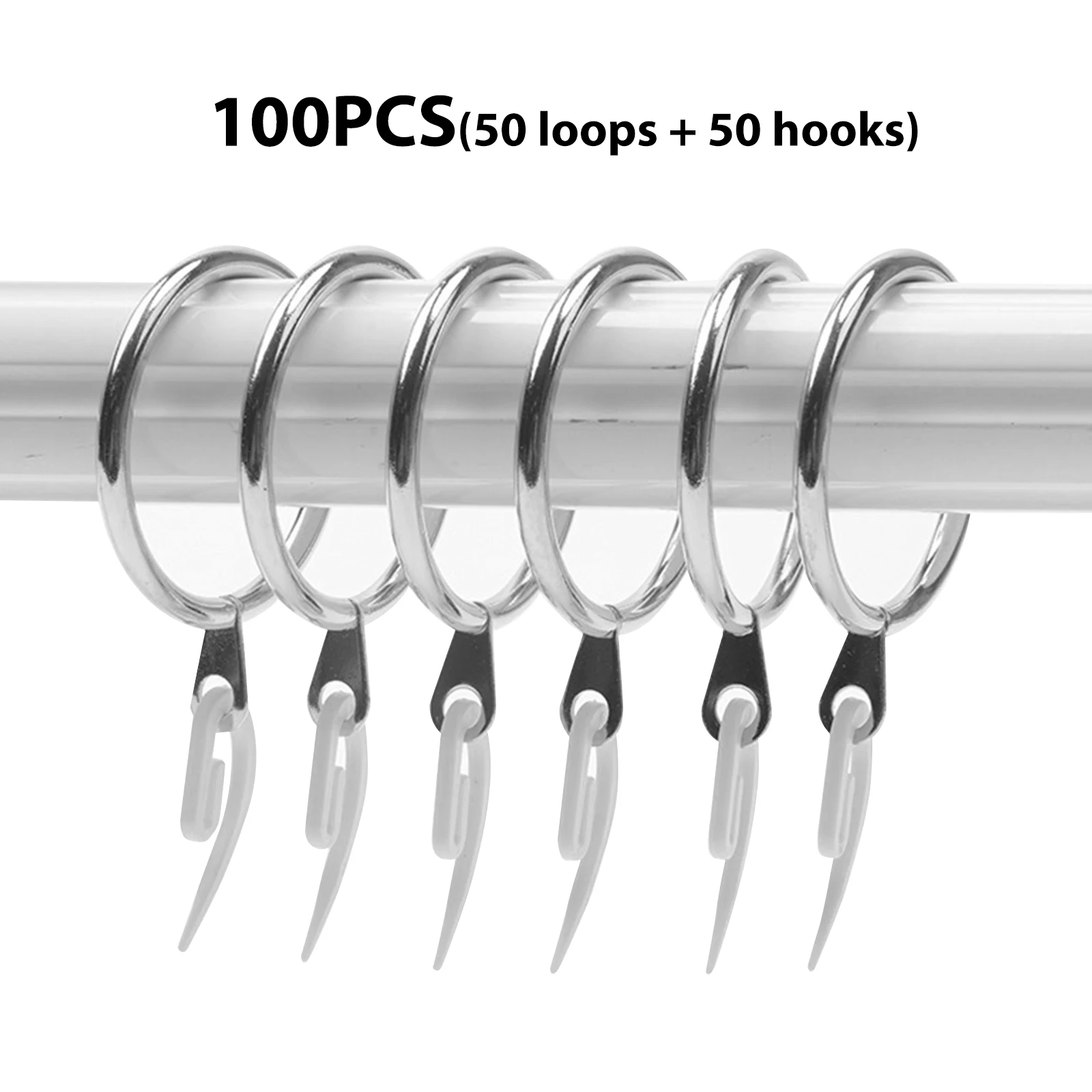 

50 Pack Curtain Rings and Hooks, 30mm Internal Diameter Silver Curtain Ring Metal & with Curtain Hooks