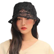 

Women's Lace Flower Hollow Bucket Hat Korean Japan Black Soft Mesh Sun Fisherman Hats Female Floppy Summer Panama Ladies Caps