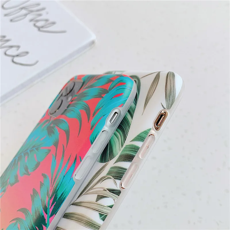 INS цветочный чехол для iphone 11 11Pro Max Apple X XS XR 6 6s 7 8 Plus матовые цветы зеленый лист
