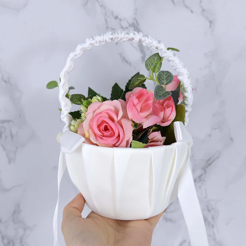 Romantic Bowknot Satin Wedding Ceremony Rose Flower Girl Basket and Rose Pet J2 