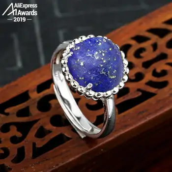 

10*10mm 6.18 Sale S925 Sterling Silver Asia Lapis Rings Exaggerated Rings Chinatown Afghanistan Retro Gemstone