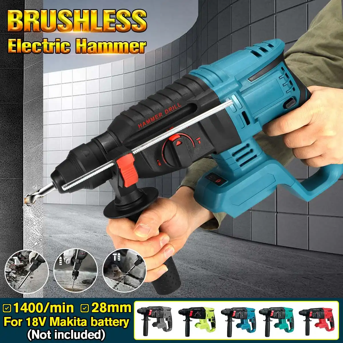 18V 4 Functions Electric Brushless Cordless Rotary Hammer Drill Rechargeable Hammer 28mm Impact