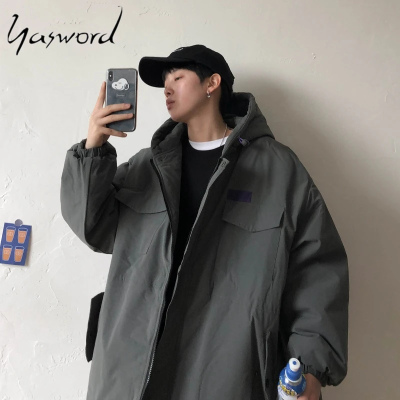 Yasword, Мужская парка, плотное пальто, зимняя, одноцветная, длинная, стильная куртка, теплая, ветрозащитная, с капюшоном, мужская верхняя одежда, с хлопковой подкладкой, пальто