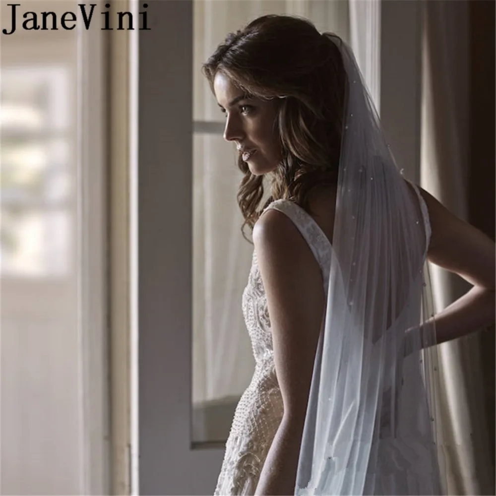 JaneVini Tule Mariage, однослойная свадебная фата, длинная, с жемчугом, тюль, фата невесты, свадебная фата с гребнем, женская, 1, 2, 3, 5 метров, Gelin Duvak