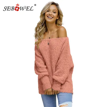 

SEBOWEL Woman Casual Off Shoulder Popcorn Knitted Loose Sweaters Pullovers Long Sleeve Slash Female 2019 Autumn Winter Sweater