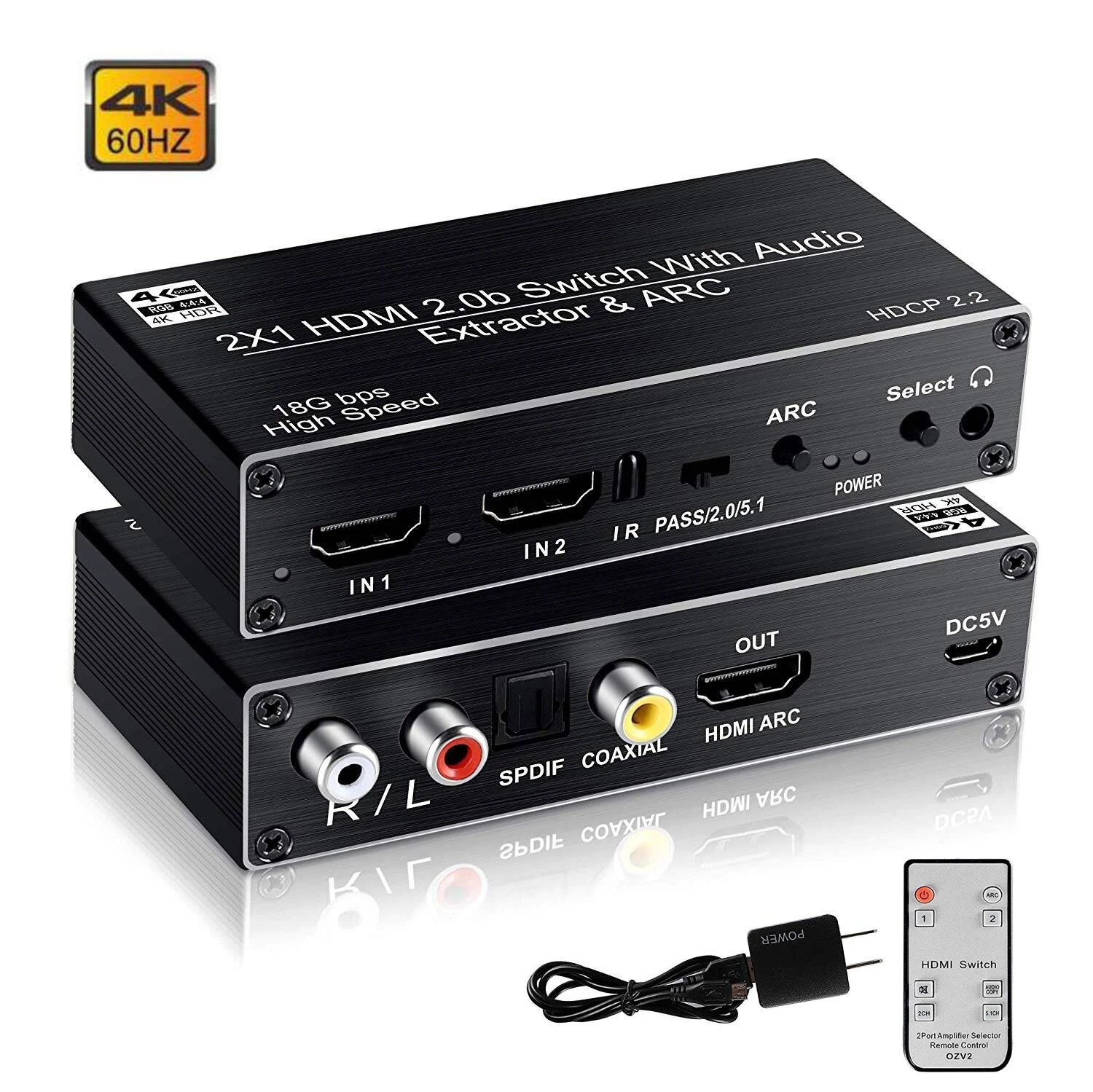  HDMI Switch 2x1 4K@60hz HDMI 2.0b Audio Extractor with Toslink Optical &RCA 4K SPDIF Coaxial Analog