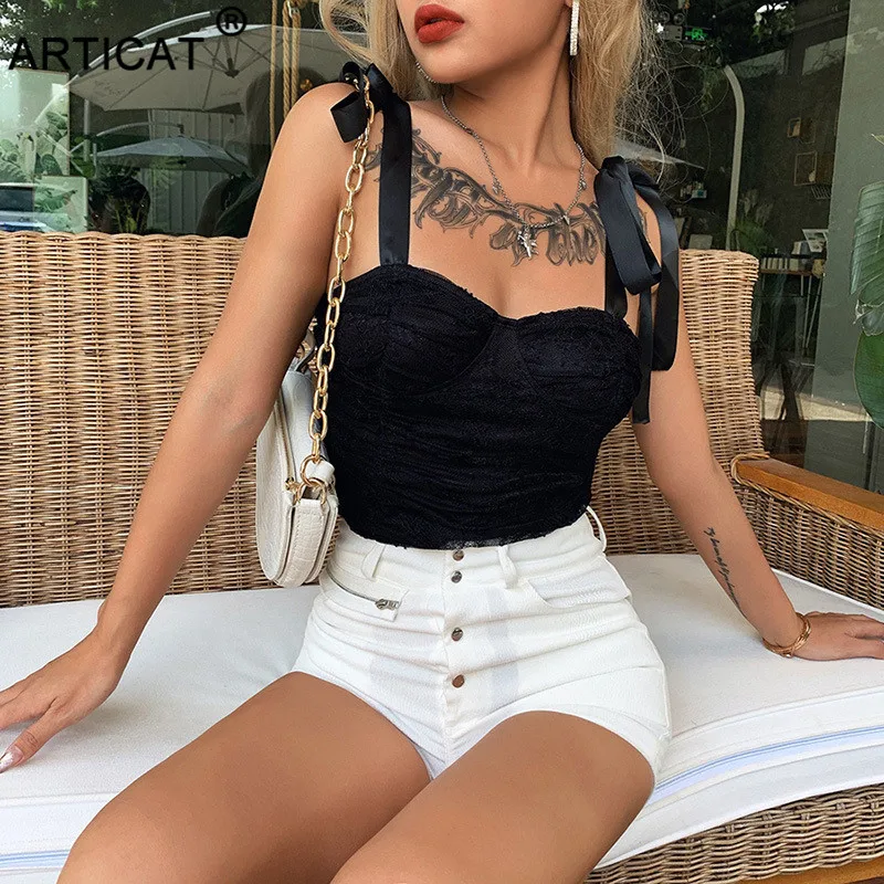 Cena Articat seksowny patchwork w siatkę krótkie bluzki damski krawat z kokardką zasznurowany solidny gorset podkoszulki damski klubowy strój imprezowy Spaghetti Stap Tops