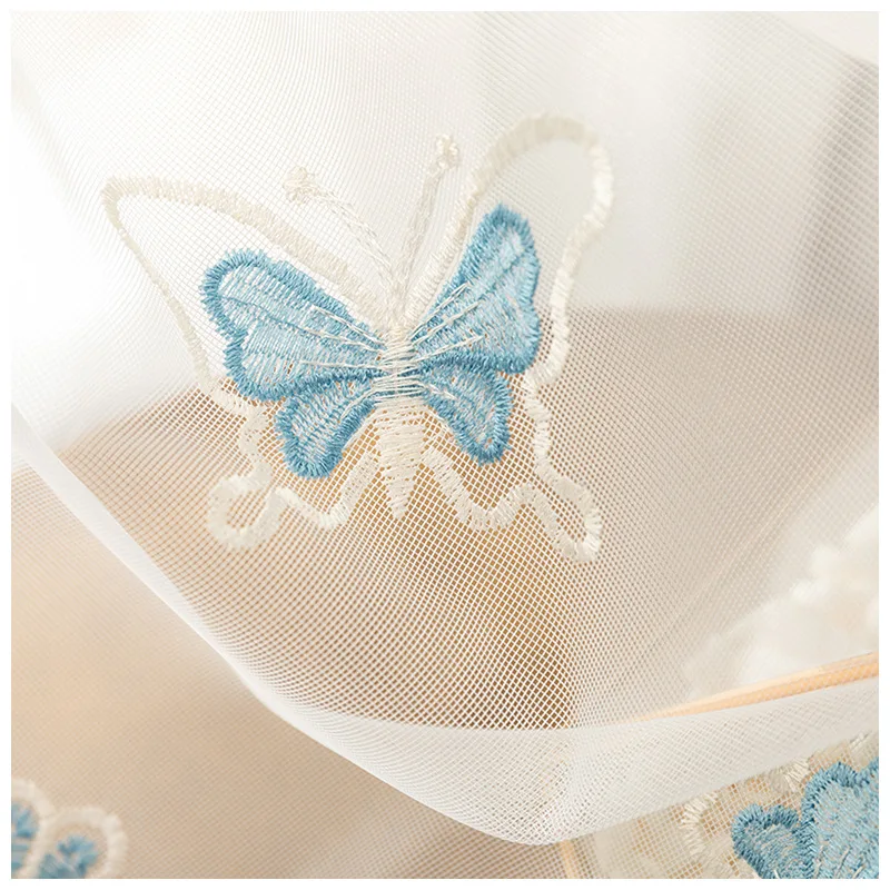 Красивые вышитые шторы с бабочками для гостиной, белый отвесный тюль, голубая вуаль с бабочками, тюль, милые газовые шторы, HM048#20