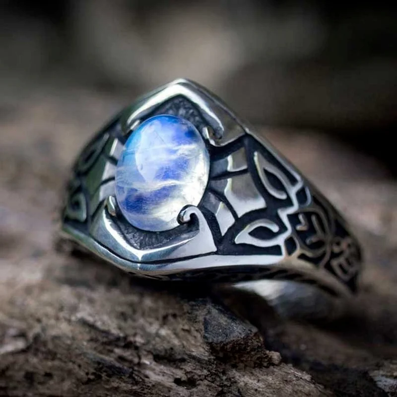 

925 Vintage Thai Silver Nordic Celtic Moonstone Ring Party Gift Jewelry Ring Wholesale