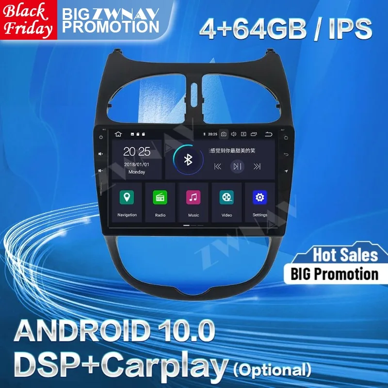 Автомагнитола Carplay для Peugeot 206 2000-2010 2011 2012 2013 2014 2015 2016 Android 10 GPS автомагнитола