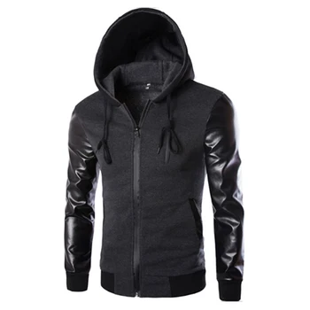 

Autumn Casual Jacket Men Hooded Jacket And Coat PU Leather Sleeve Slim Outerwear Coat Men Zipper Coat Hoody Sportswear