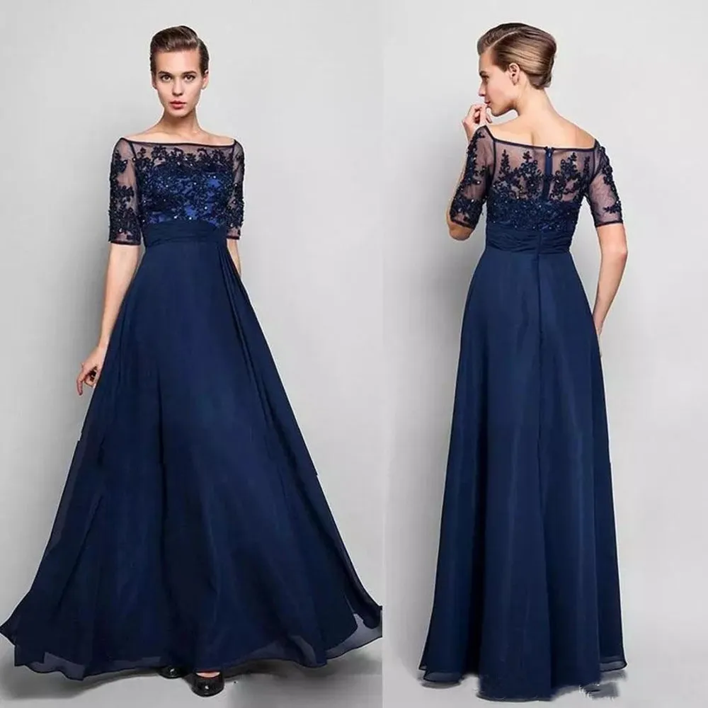 blue ball gown Vintage Lace Mother of the Bride Groom Dresses with Half Sleeves Off Shoulder Chiffon Beaded Floor Length Formal Evening Gowns green evening dress