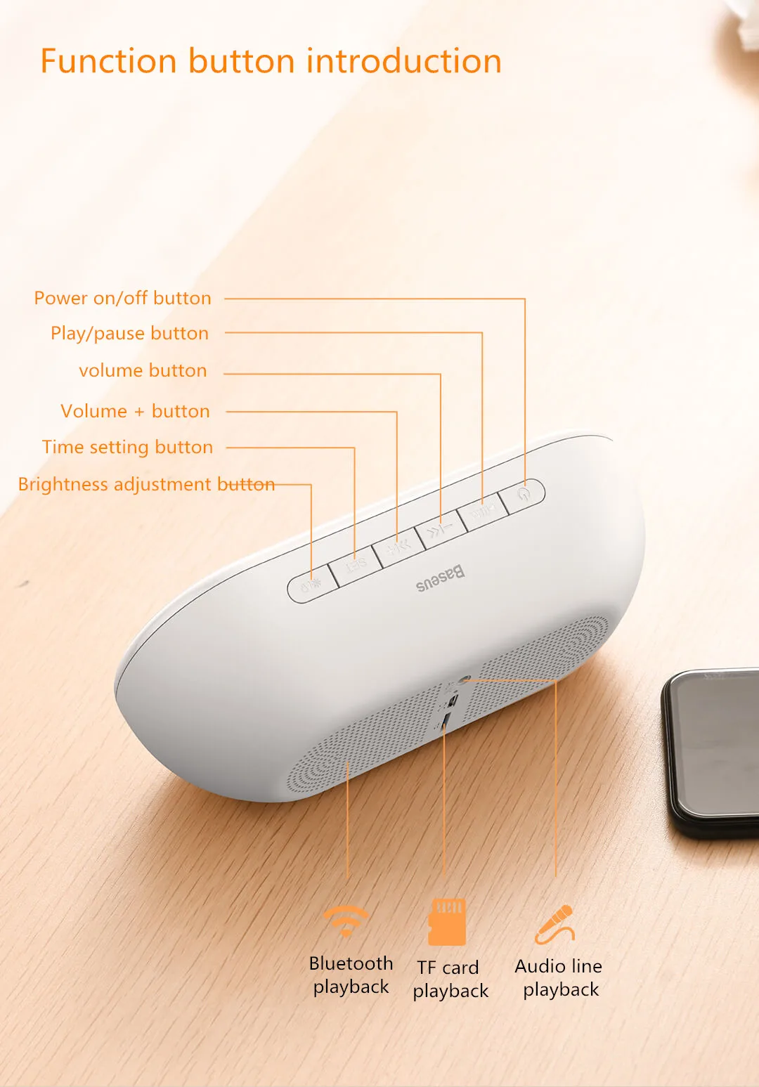 Xiaomi Mijia BASEUS мини Будильник беспроводной Bluetooth динамик бытовой сабвуфер зеркало портативное радио 3D объемный
