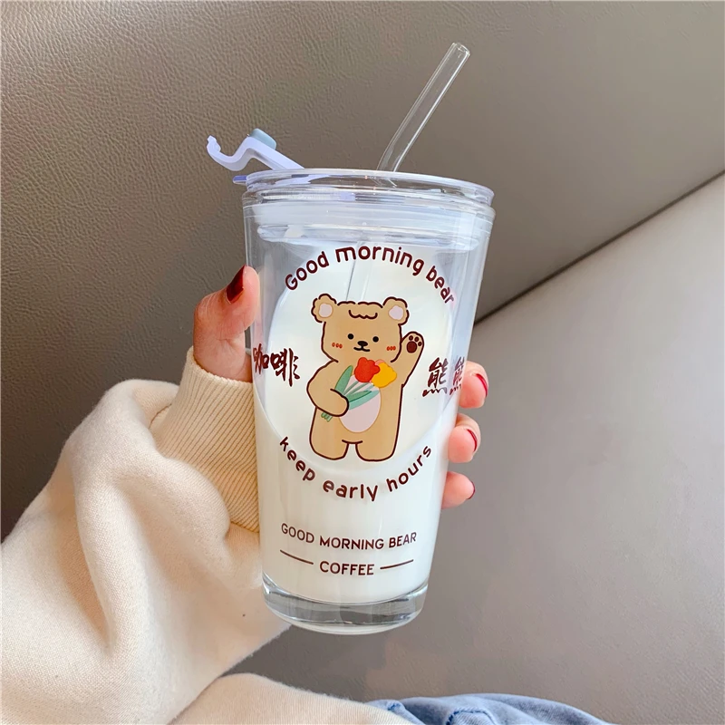 Kawaii Flower Glass Cup With Lid Straw Cute Orange Coffee Mug Milk Hot  Drinks Korean Water