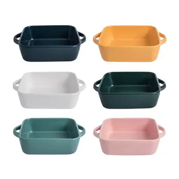 

Ceramic Color Glaze Binaural Baking Dish Simple Pasta Baked Rice Dish Square Salad Deep Dish Oven Baking Utensils
