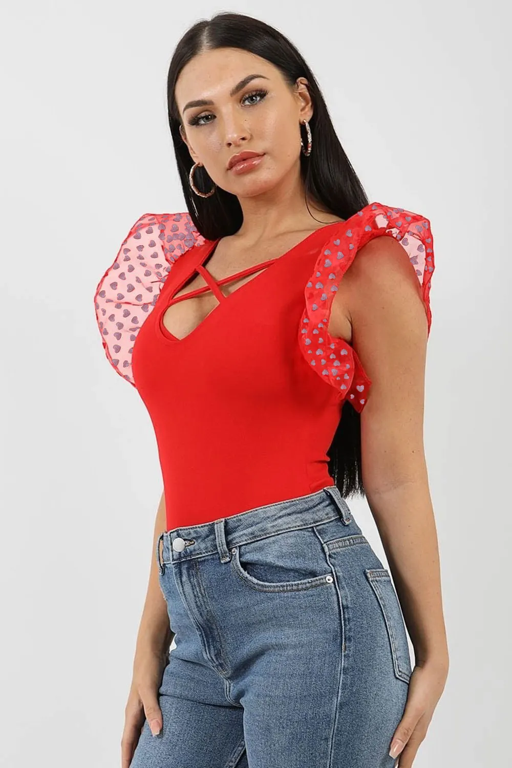 Женское облегающее боди из органзы с коротким рукавом и v образным вырезом Летний