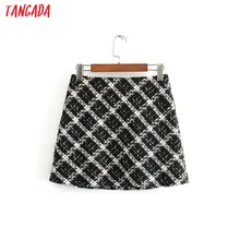 Tangada women tweed plaid mini skirt zipper female office lady stylish chic A line skirts 3H419