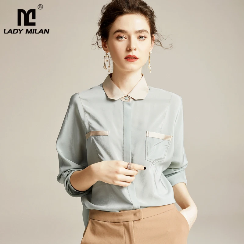 

100% Pure Silk Women's Shirts Turn Down Collar Color Block Long Sleeves Fashion Hi Low Shirt Blouse